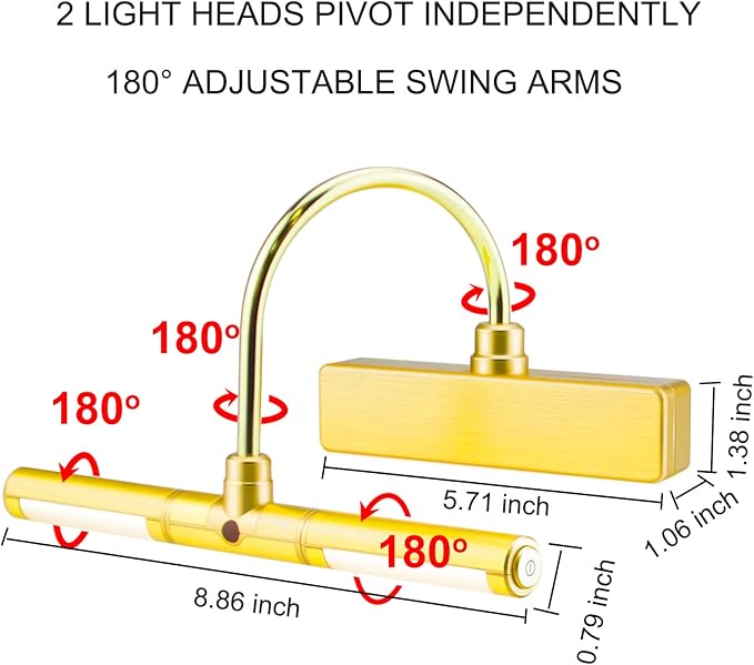 LUXSWAY Picture Light Battery Powered,Painting Light,3 Level Brightness Art Display Lights, 8.9 Inch Rotatable Lights Head Light up for Picture Portrait Artwork- Small