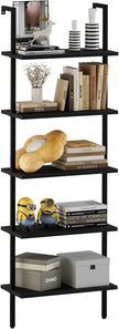aboxoo Ladder Shelf Open 5-Tier Bookshelf Wall-Mounted Black Wood Bookcase Storage Rack Open Industrial Modern Plant Stand Utility Organizer Bookcase Metal Frame Furniture Office Bedroom