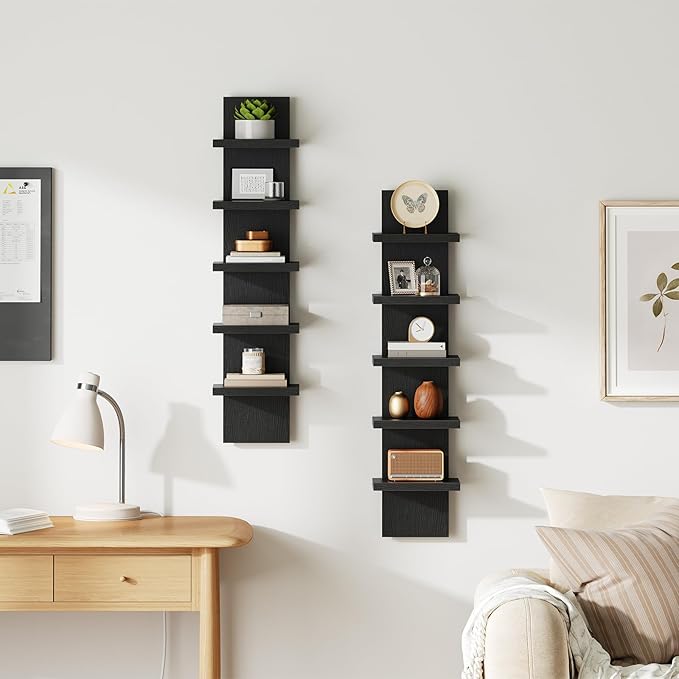 HOOBRO 5 Tier Wall Shelf Unit, 2 Pack Floating Shelves Wall Mounted, Wall Mount Vertical Shelving, Floating Storage Rack, Organizer Tall Tower Design for Livingroom, Bedroom, Kitchen, Black BB18BJP201