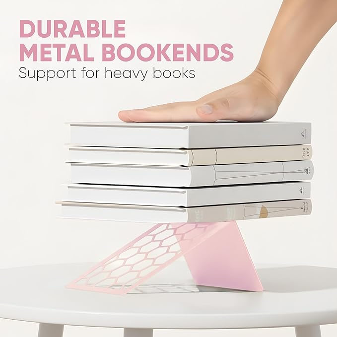 GEOMOD Geometric Honeycomb Pink Metal Bookends Decorative - Tall Sturdy Book Ends for Shelves - Modern Heavy Duty Bookend Stopper - Office or Home Book Shelf Book Holder - 6x3.25x6.25 Inches - 1 Pair