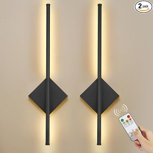 Battery Operated Wall Sconces Set of Two, Modern Sconces Wireless Cordless Rechargeable Light with Remote, Black Wall Lamp Dimmable Magnetic Home Decor for Bedroom Living Room Hallway Timing 23.6 Inch