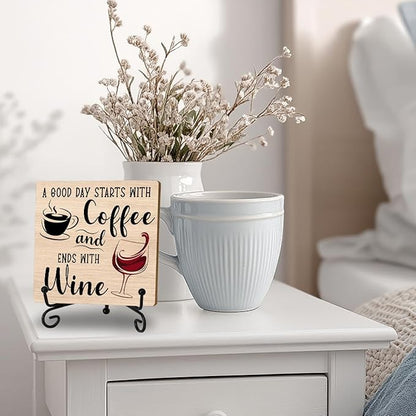 Coffee And Wine Desk Decor Sign, Rustic Wooden Sign With Stand, A Good Day Starts With Coffee And Ends With Wine Sign For Farmhouse Home Kitchen Bar Shelf Table, Gifts For Family Friends Coworker