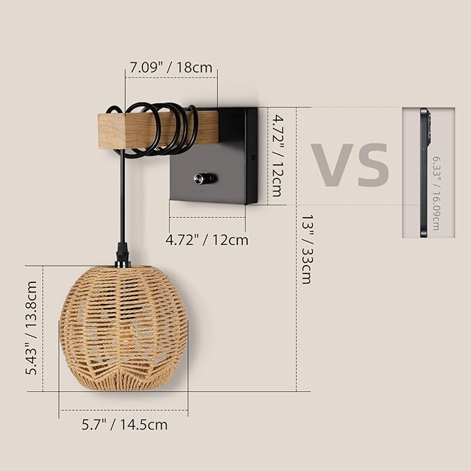 N01 Plug in Dimmable Wall Sconces Hanging Boho Rattan Wall Lamp Farmhouse Stepless Wall Sconce Woven Wall Lamp Hardwired Wall Lights for Living Room Bedroom Bedside Hallway (Bulb Included)