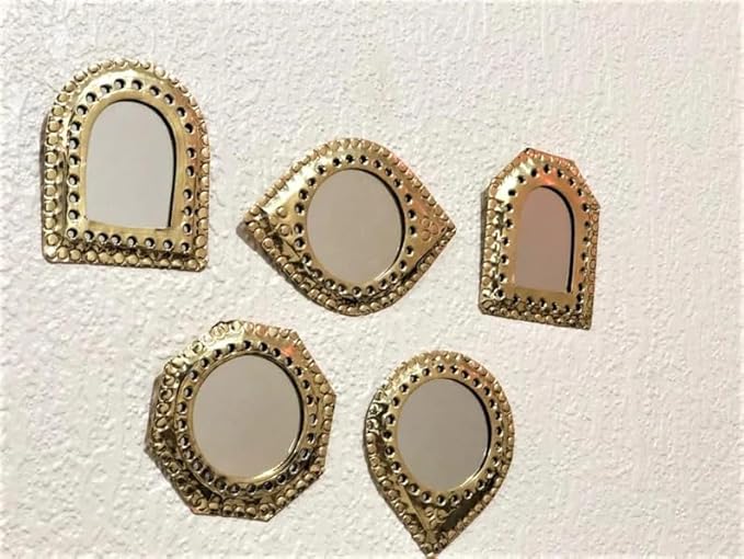 Set of 5 Small Decorative Wall Mirrors – Gold Brass Handmade Mirror Set | Octagon, Arched, Horizontal Oval, Square and Diamond Shapes | Living Room, Bedroom, Home Wall Hanging Mirrors Decor