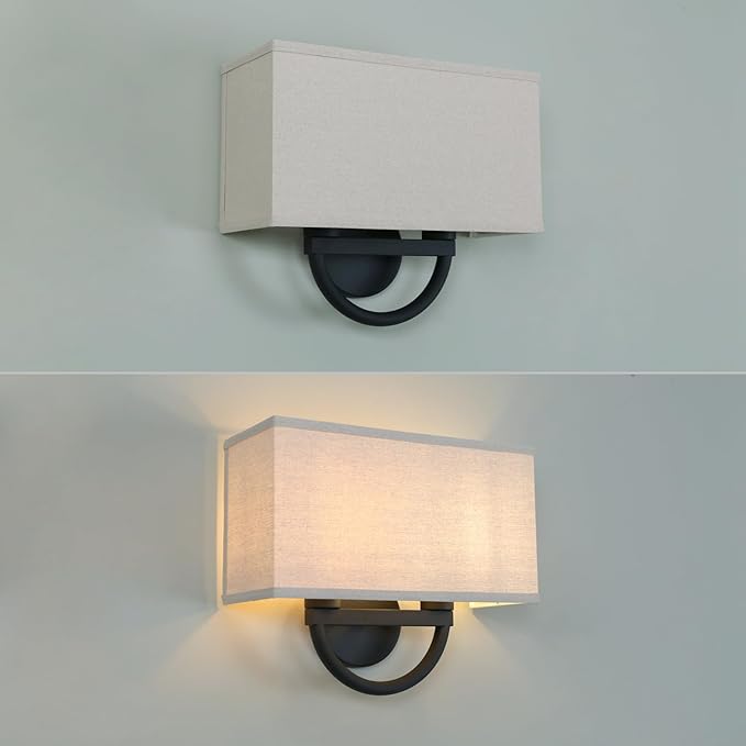 Yosoan 2-Light Linen Fabric Cloth Boho Wall Sconce Stairwell Fixture Light, Indoor Hardwired Vanity Dual Vintage Black Metal Base Wall Mount Lighting Square Fabric Shade for Bedside Hallway Kitchen