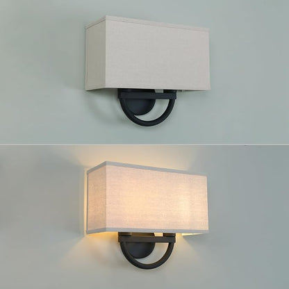 Yosoan 2-Light Linen Fabric Cloth Boho Wall Sconce Stairwell Fixture Light, Indoor Hardwired Vanity Dual Vintage Black Metal Base Wall Mount Lighting Square Fabric Shade for Bedside Hallway Kitchen