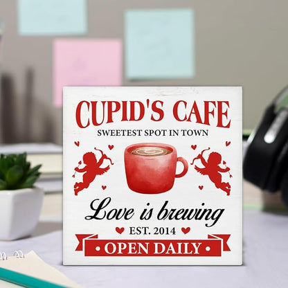 Valentines Day Gifts - Valentines Day Decor - Valentines Day Decorations for Home - Romantic Cupid's Cafe Love Is Brewing Wooden Sign Home Coffee Bar Kitchen Table Desk Shelf Decor 5×5 Inches