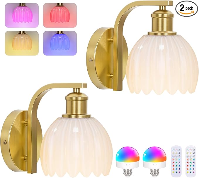 Rechargeable Battery Operated Wall Sconce Set of Two with Milky White Glass Lampshade, Wireless Wall Scone Decor with Remote Control, 15 Colors Gold Wall Light for Bedside Hallway Bedroom Doorway