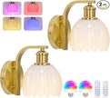Rechargeable Battery Operated Wall Sconce Set of Two with Milky White Glass Lampshade, Wireless Wall Scone Decor with Remote Control, 15 Colors Gold Wall Light for Bedside Hallway Bedroom Doorway