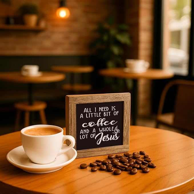 Coffee Bar Decor, Vintage Coffee Sign Decor for Kitchen, Rustic Wood Signs for Kitchen Cafe Bar, Square Wood Block Sign Table Decoration, Small Decoration for Shelves 5.9×5.9 inch