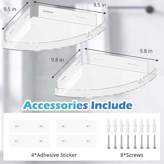 2 Pack Acrylic Corner Shower Caddy, Clear Corner Shower Shelf with 4 Hooks, Adhesive Wall Mounted Bathroom Shower Shelf Organizer for Inside Shower & Kitchen Storage