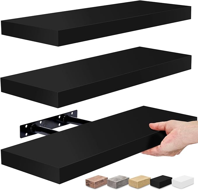 Sorbus Floating Shelves for Wall – 16 Inch Floating Shelf for Kitchen, Bedroom, Living Room, Bathroom, Home & Wall Decor - Mounted Bathroom Shelves with Invisible Brackets (Black, 3 Pack)