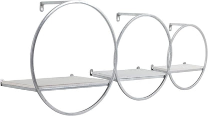 Set of 3 Metal and Wood Round Wall Shelves – Floating Storage Shelves for Wall, Living Room or Bedroom Wall Decor, Modern Circular Wall Storage, Home Decor – 16 & 14 & 12" Silver Metallic Finish