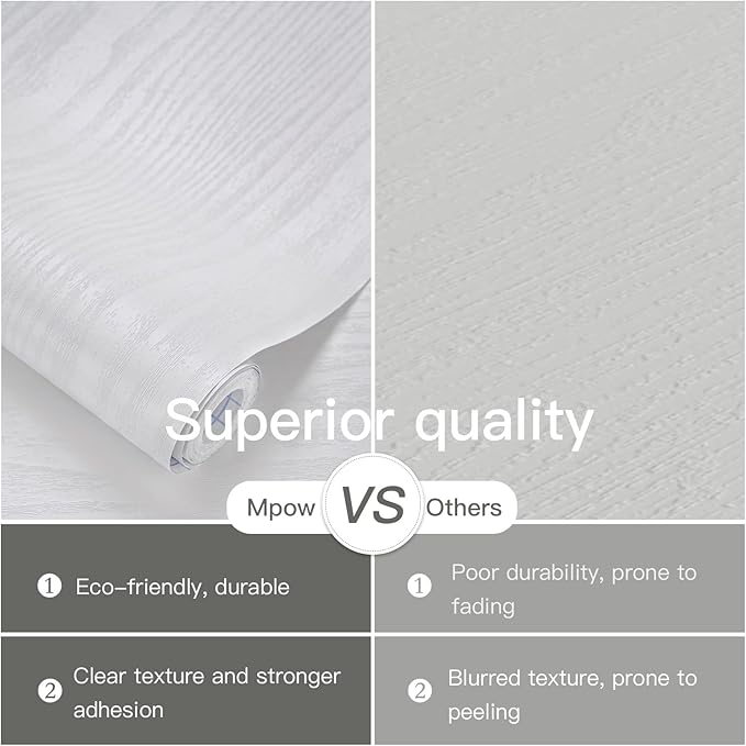 17.7" X472" Thicken Wood Contact Paper White Wood Wallpaper White Peel And Stick Wallpaper White Vintage Wallpaper Self-Adhesive And Removable Wall Paper Grain Film Roll Table Cabinet Shelf Draw Liner