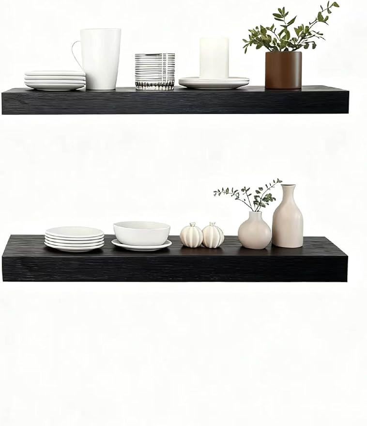 Solid Wood Floating Shelves,23.6in Finished Real Wood Wall Shelves with Heavy-Duty Hidden Bracket, Easy Installation, Set of 2, 23.6in x 7.1in x 1.5in, for Living Room Bedroom Kitchen,Black