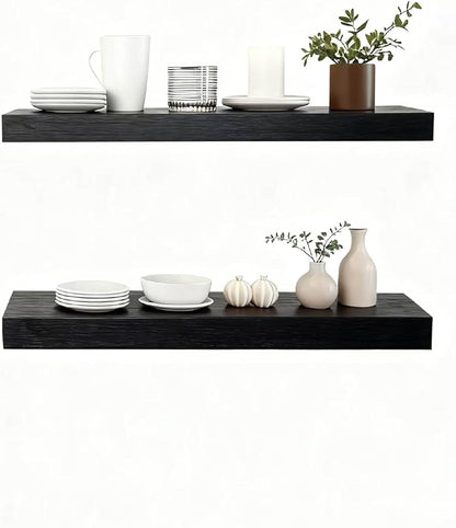 Solid Wood Floating Shelves,23.6in Finished Real Wood Wall Shelves with Heavy-Duty Hidden Bracket, Easy Installation, Set of 2, 23.6in x 7.1in x 1.5in, for Living Room Bedroom Kitchen,Black