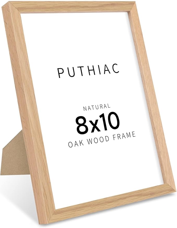 puthiac 8x10 Solid Oak Wood Picture Frame, Fits 6x8 with Mat or 8x10 Without Mat, Wall or Tabletop Display with Stand, Vertical or Horizontal, Plexi Front, 1 Pack, Natural Oak
