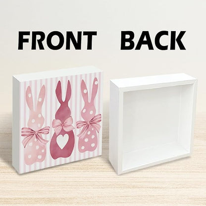 Easter Decorations for Home Rustic Bunny Wooden Box Sign, Pink Spring Rabbit Farmhouse Desk Decor, Happy Easter Shelf Tiered Tray Plaque for Living Room Office 5x5 Inch