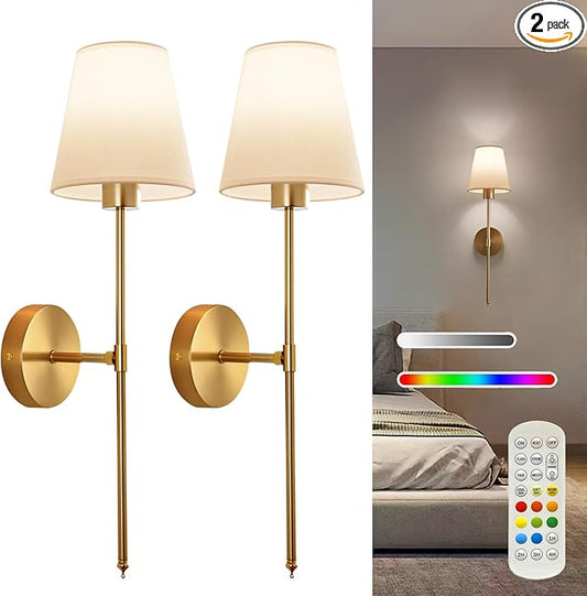 Battery Operated Wall Sconce Set of 2, Gold Rechargeable Wireless Wall Lights with Remote - 5000mAh Dimmable RGB Bulbs | 15 Color, Cordless Wall Lamps for Bedroom, Living Room, Hallway Decor