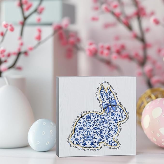 Happy Easter Sign Easter Table Decor Bunny Decor Blue And White Chinoiserie Decor Wooden Box Sign for Home Office Bedroom Living Room Desk Shelves