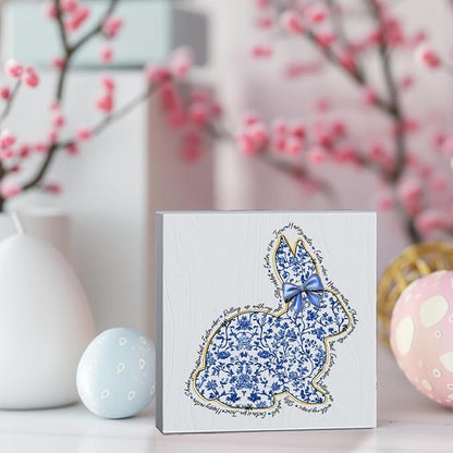 Happy Easter Sign Easter Table Decor Bunny Decor Blue And White Chinoiserie Decor Wooden Box Sign for Home Office Bedroom Living Room Desk Shelves