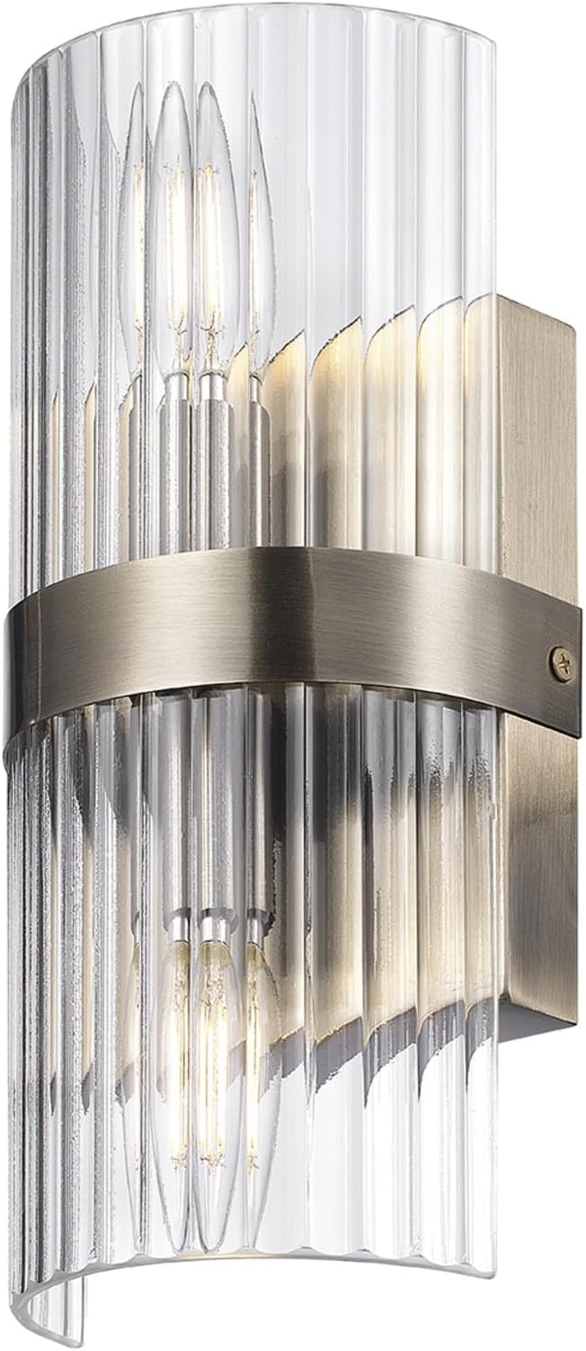 GLOBE Electric 65000046 2-Light Wall Sconce, Matte Brass, Ribbed Glass Shade, E12 Base Sockets, Wall-Lamp Dimmable, Lights for Bedroom, Kitchen Sconces Lighting, Home Decor, Mounted Bedside Lamp
