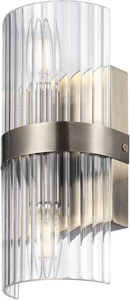 GLOBE Electric 65000046 2-Light Wall Sconce, Matte Brass, Ribbed Glass Shade, E12 Base Sockets, Wall-Lamp Dimmable, Lights for Bedroom, Kitchen Sconces Lighting, Home Decor, Mounted Bedside Lamp