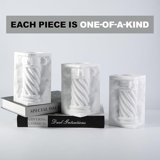 Decorative Roman Column Book Ends & Vase - Heavy Duty Marble Book Ends for Heavy Books, Vintage Home Office Decor, Dual Use as Flower Vase, Natural Stone Bookends for Shelves (2PC, White)