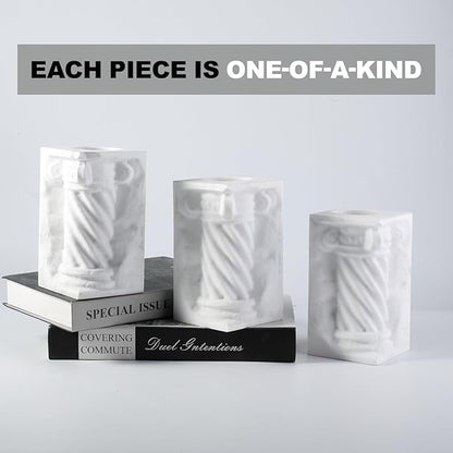 Decorative Roman Column Book Ends & Vase - Heavy Duty Marble Book Ends for Heavy Books, Vintage Home Office Decor, Dual Use as Flower Vase, Natural Stone Bookends for Shelves (2PC, White)
