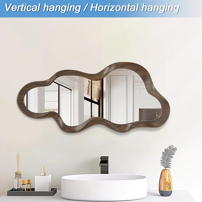 Asymmetrical Mirror Modern Wood Frame Unique Artistic Large Irregular Wall Mirrors Cute and Stylish Cloud Wavy Mirror Decorative for Cloakroom Bedroom Living Room Bathroom Entryway 30