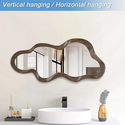 Asymmetrical Mirror Modern Wood Frame Unique Artistic Large Irregular Wall Mirrors Cute and Stylish Cloud Wavy Mirror Decorative for Cloakroom Bedroom Living Room Bathroom Entryway 30"x14"