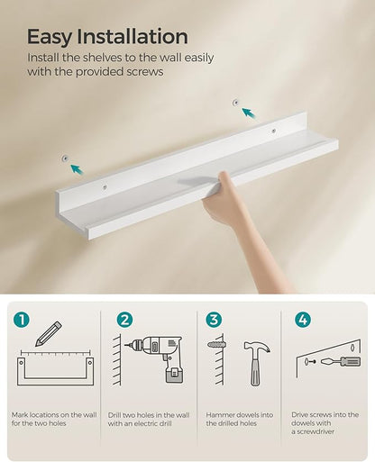 SONGMICS Floating Shelves, Set of 3 Wall Shelves, 15-Inch Wide, for Photo Frames and Trinkets, for Living Room, Home Office, Kitchen, Bathroom, White ULWS38WT
