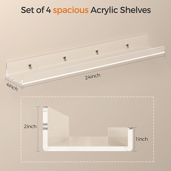 24 Inches Clear Acrylic Floating Shelves Wall, Bookshelf for Kids, Nursery Book Shelves, Magazine Rack, Picture Ledge Shelf for Photo Frames Vinyl Records, Pack of 4