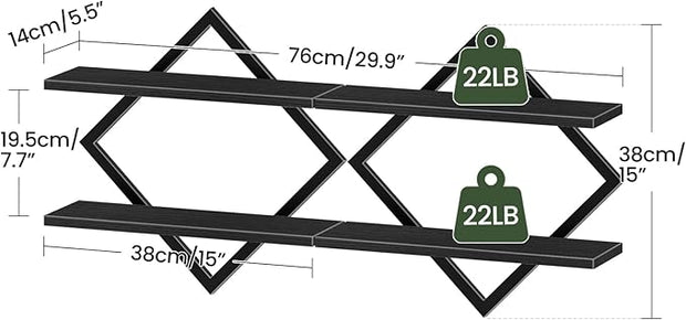 Floating Shelves, Set of 2 Wall Shelves, 2-Tier Hanging Shelves, Wall Shelf Set of 2, Wall Mounted Shelves, for Living Room, Bedroom, Kitchen, Office, Study, Black TBJ01P2BB