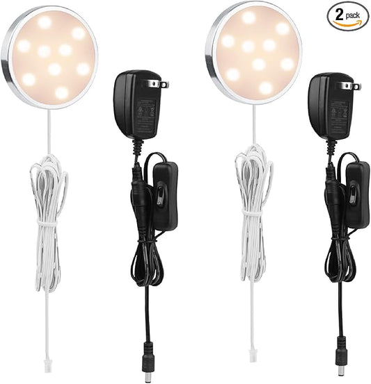 LABOREDUCER 12V Under Cabinet LED Puck Lighting Kit 2 Packs Slim Aluminum Puck Lights,Single Light Plug in Counter Light Fixture for Kitchen Cupboard Bookcase Display Shelf Lighting(Warm White, 2700K)