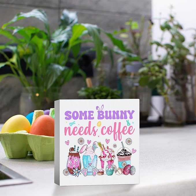 Easter Coffee Bar Decor Easter Table Decor Some Bunny Needs Coffee Wooden Box Sign for Home Office Bedroom Living Room Desk Shelves