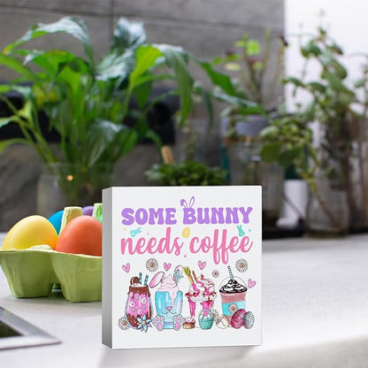 Easter Coffee Bar Decor Easter Table Decor Some Bunny Needs Coffee Wooden Box Sign for Home Office Bedroom Living Room Desk Shelves