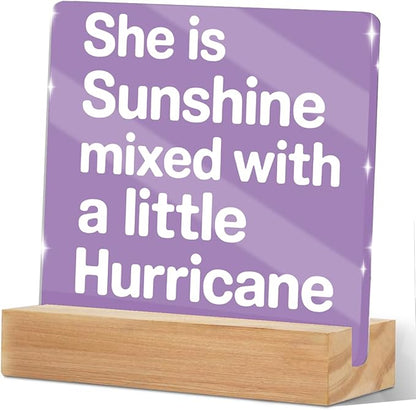 She Is Sunshine Mixed with a Little Hurricane Acrylic Sign，Funny Acrylic Office Desk Accessories Decor, Purple Inspirational Desk Decor for Dorm Home Bedroom，Gifts for Women Coworkers Friends Family