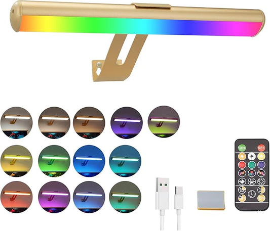 Picture Light, Battery Operated Picture Light with Remote, Rechargeable Picture Frame Light, 32 LED, 16 Color Changing, Art Light for Paintings for Display, Picture-Gold