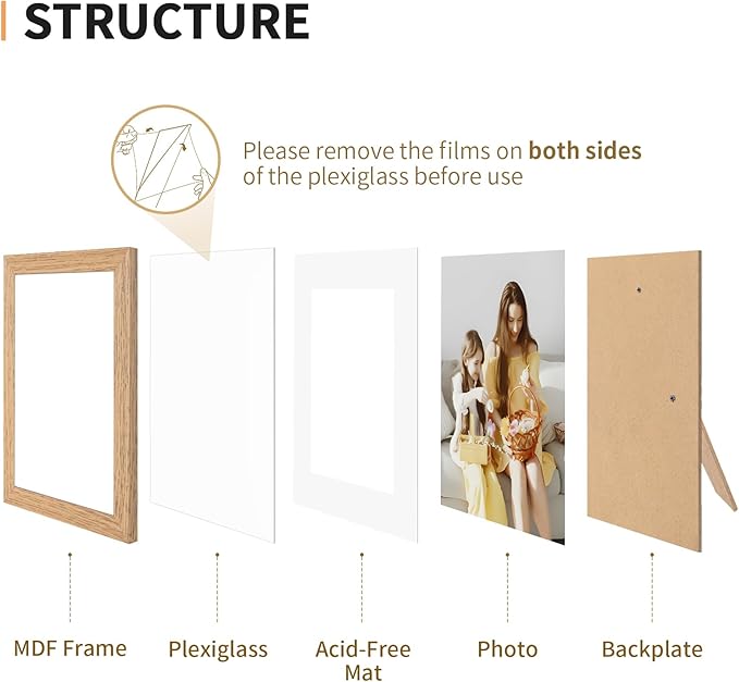 5x7 Picture Frame Set of 4, Displays 4x6 with Mat or 5x7 Without Mat, Photo Frames for Wall Hanging or Tabletop, Includes HD Plexiglass, Light Wood Grain