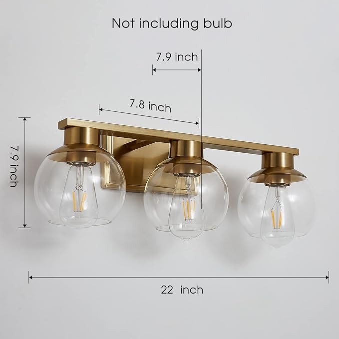 3-Light Brushed Brass Bathroom Vanity Lights, Gold Bathroom Light Fixtures Over Mirror with Globe Glass Shade, 22in Modern Wall Sconces for Bath Mirror Bedroom Hallway, E26 Base (Bulbs Not Included)