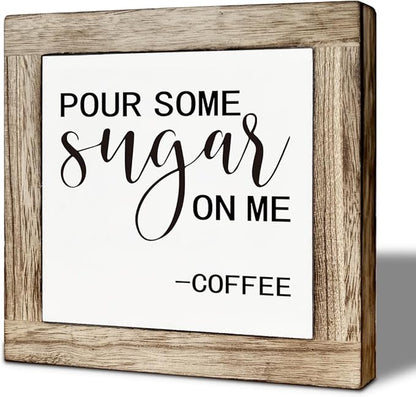 Coffee Bar Decor, Funny Pour Some Sugar on Me Wooden Box Sign, Freestanding Home Decor, Coffee Decorations for Cafe Bar, for Wall Table Top Desk Decoration 5.9×5.9 inch