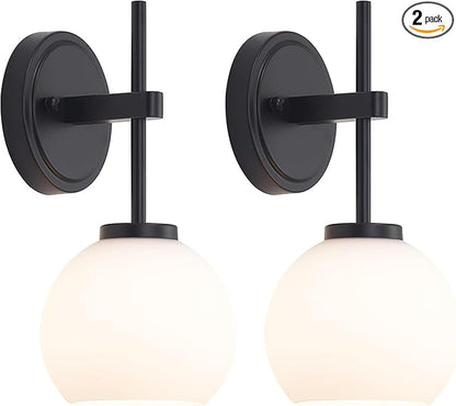 Black Wireless Rechargeable Wall Sconces with Remote Control, Battery Operated Wall Sconce Set of 2, LED Dimmable Wall Lights with Opal White Glass Shade, 12 Colors RGB & 3 CCT Bulb