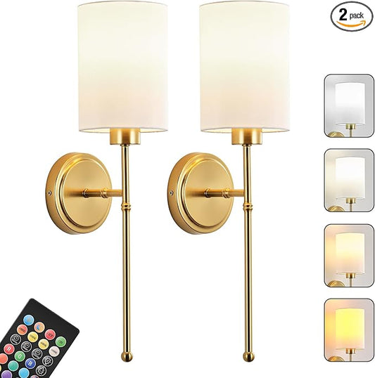 Battery Operated Wall Sconce Set of Two, Gold Wireless Rechargeable Wall Light with Remote Control, Dimmable, Amber/Warm/Natural/Cool White, RGB, Battery Power Sconces for Living Room Bedroom