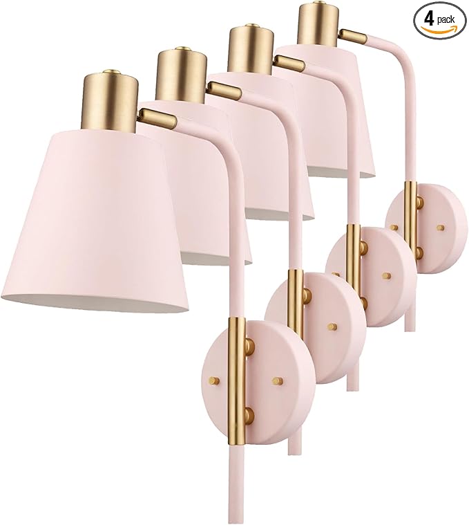 GLOBE Electric Cleo 1-Light Plug-in or Hardwire Wall Sconce, Blush Pink, Matte Brass Accents, Black Cloth Cord, Bulb Not Included (Pack of 4)