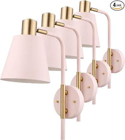 GLOBE Electric Cleo 1-Light Plug-in or Hardwire Wall Sconce, Blush Pink, Matte Brass Accents, Black Cloth Cord, Bulb Not Included (Pack of 4)