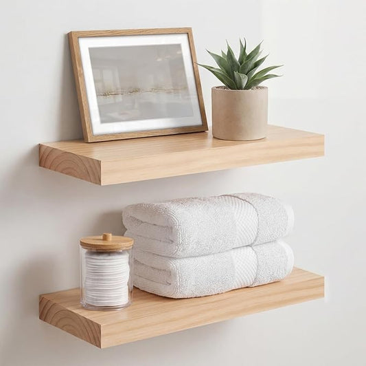Homeforia 16 inch Natural Floating Shelf, High End Solid Real Wood 16inch Small Floating Shelves for Wall Mounted, Natural Wooden Floating Shelves, Heavy Duty Bracket, 16 X 6.5 X 1.75 in, Set of 3