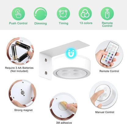 4-Pack Picture Light Battery Operated with Remote,13 Color Dimmable and Timer Painting Light, Art Display Light for Picture Frame Artworking Portrait, Home Wall Decor White Magnetic wall lights