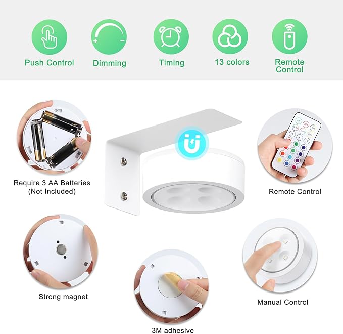 2Pcs Picture Lights for Wall, 13 Color RGB Magnetic Led Art Display Light for Picture Frame, Wireless Battery Operated Painting Light with Remote Control, Party Home Wall Decor Puck Lights, White