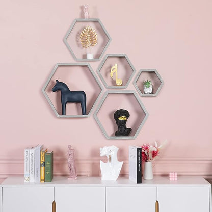 PHOENANCEE Hexagon Floating Shelves,Wall Mounted Wood Farmhouse Storage Honeycomb Wall Shelf Set of 5,for Bathroom, Kitchen, Bedroom, Living Room,Office,Driftwood Finish (Vintage Grey)